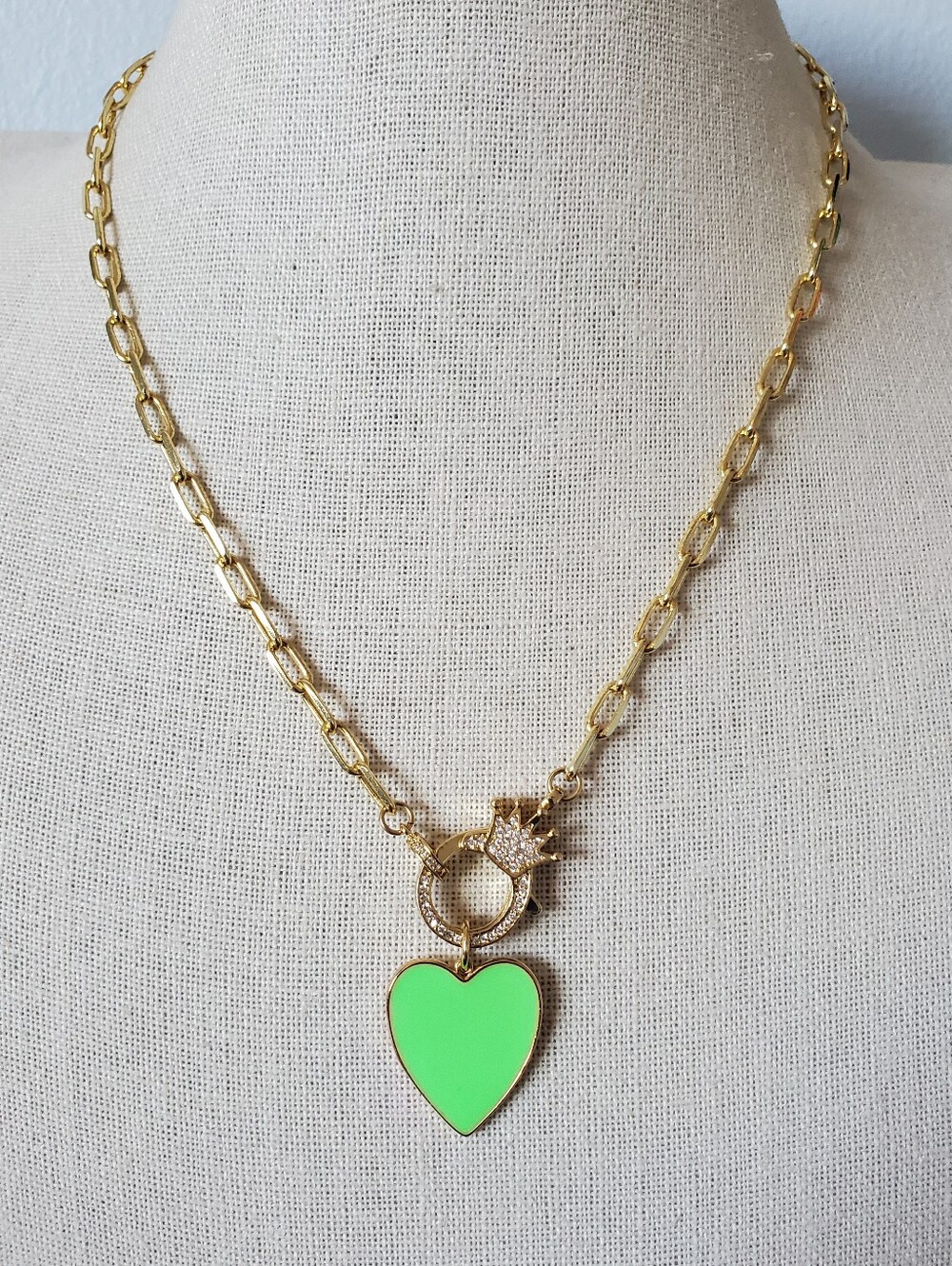 Melania Clara Green Enamel Heart Crown Clasp Necklace